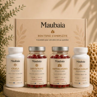 Pack Routine Complète Maubaia avec Chaga, Lion's Mane, Ashwagandha et Oméga 3 Végan, coffret de compléments alimentaires naturels pour soutenir l'immunité, la mémoire, la concentration, l'équilibre et le bien-être quotidien.