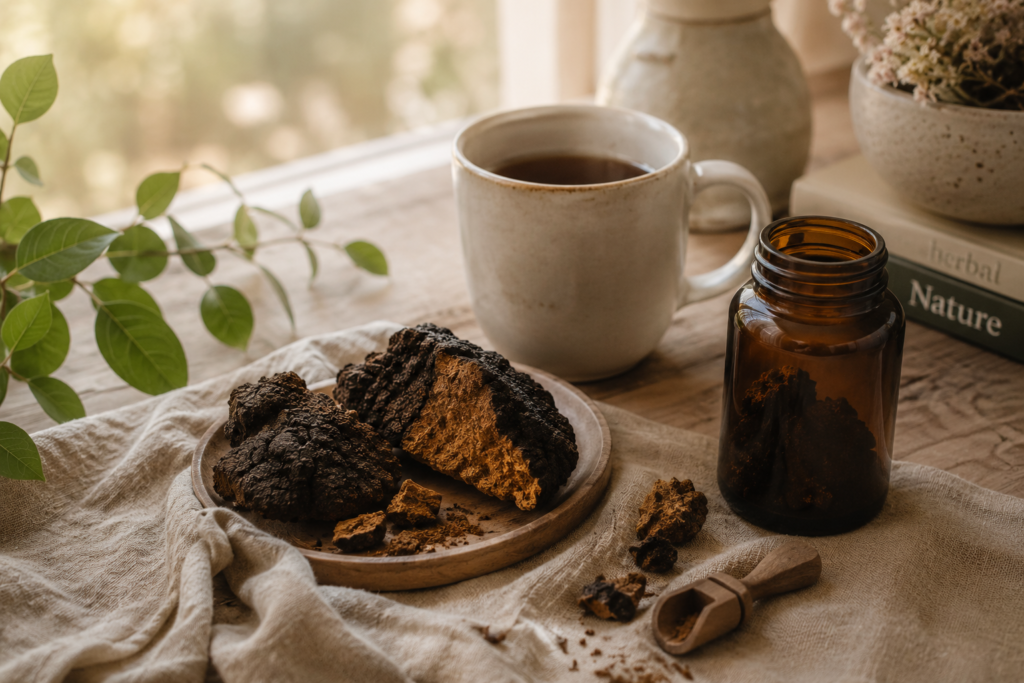 Champignon chaga séché présenté avec une tasse de tisane dans une ambiance naturelle
