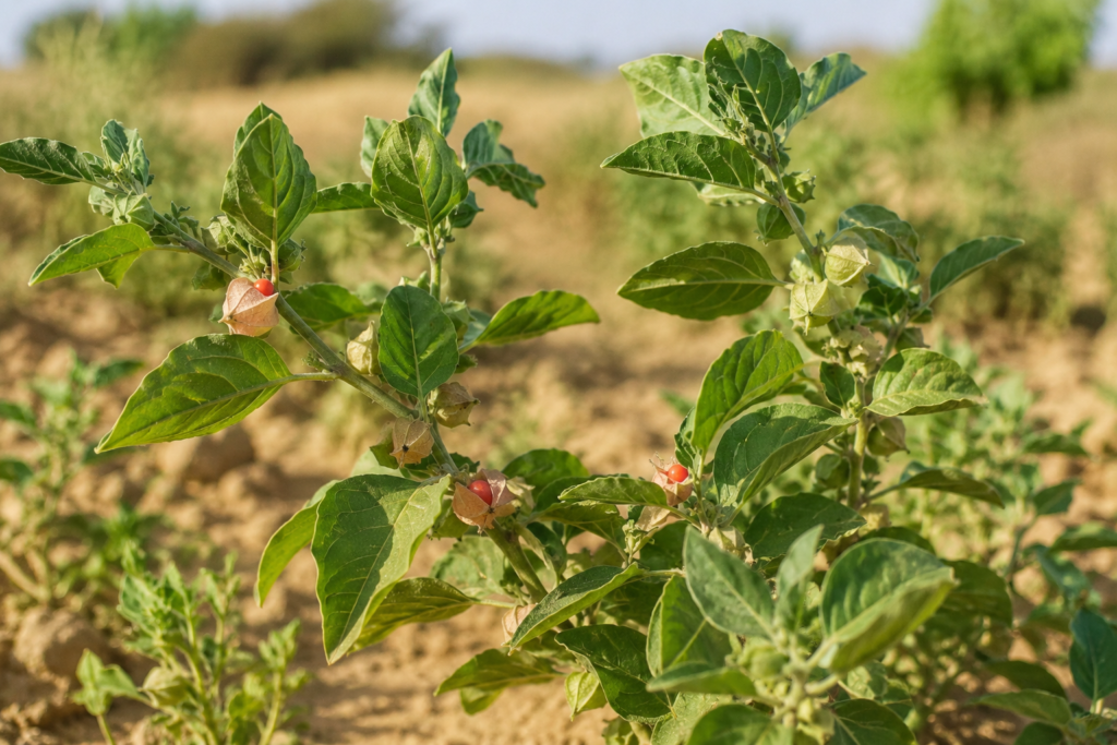 Plant d'ashwagandha (Withania somnifera), plante adaptogène utilisée dans les routines bien-être naturelles