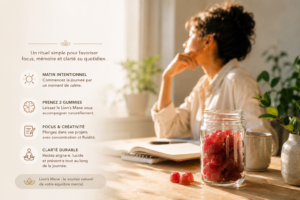 Routine bien-être avec gummies Lion’s Mane pour soutenir la clarté mentale et la concentration