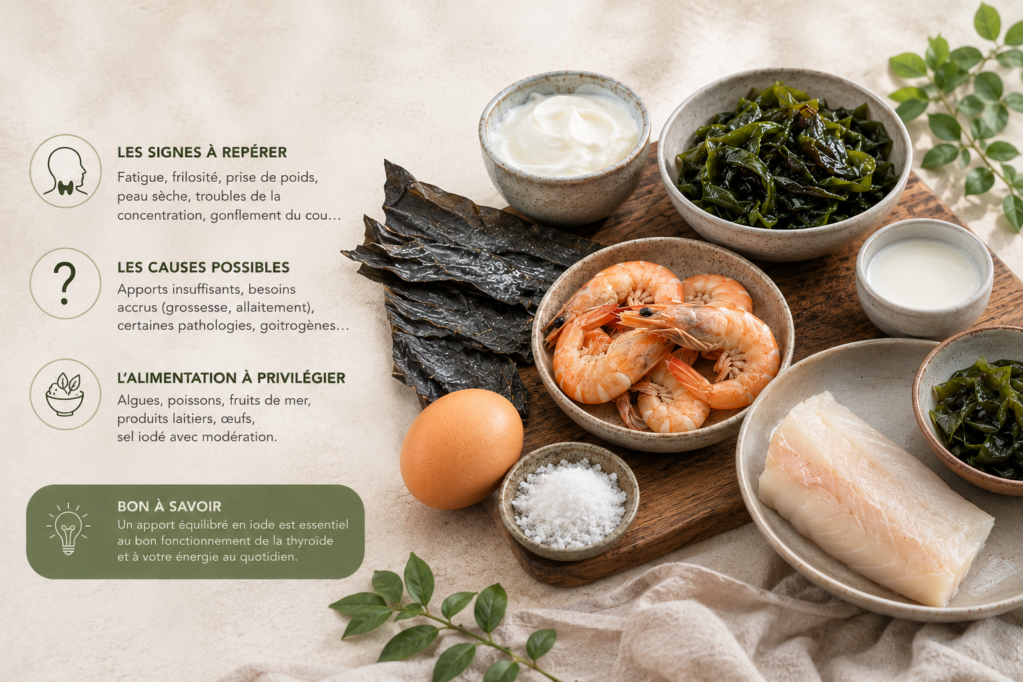 Carence en iode : aliments naturellement riches en iode comme les algues, les fruits de mer, les œufs et les produits laitiers.