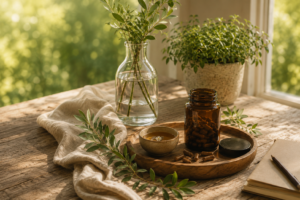 Rituel naturel MAUBAIA avec plantes, bougie et flacon en verre dans une ambiance apaisante.