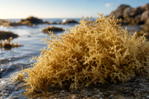 Mousse de mer naturelle déposée sur des rochers au bord de l’océan, dans une ambiance apaisante et lumineuse.