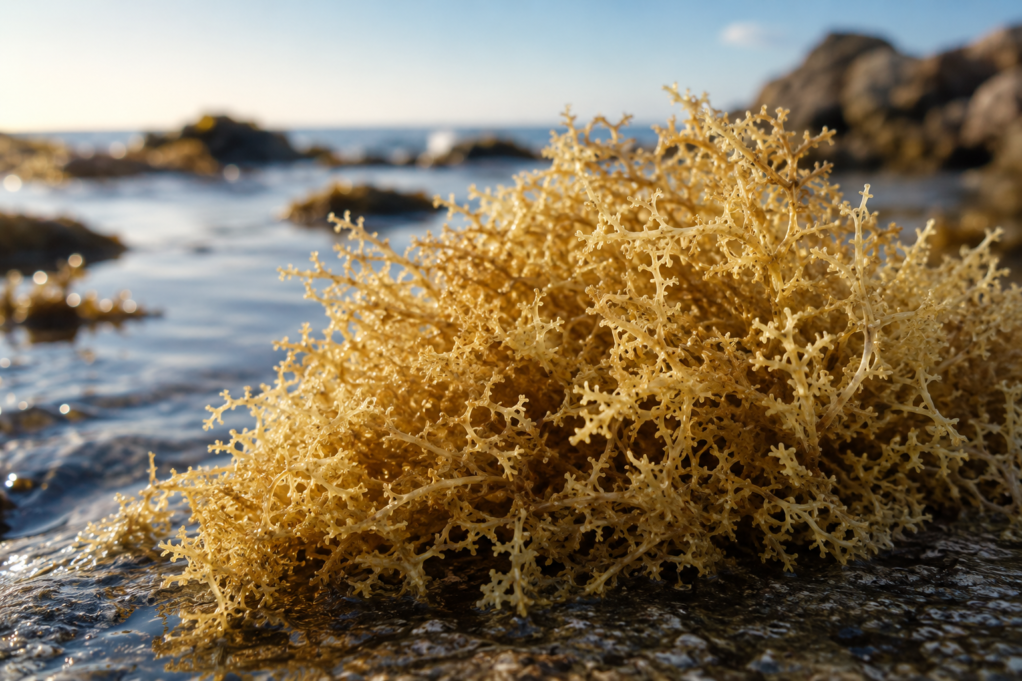 Mousse de mer naturelle déposée sur des rochers au bord de l’océan, dans une ambiance apaisante et lumineuse.