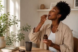 Femme noire prenant un complément naturel dans un intérieur apaisant, illustrant l’intégration des adaptogènes dans une routine bien-être moderne.