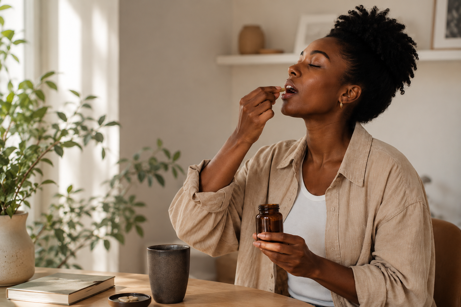 Femme noire prenant un complément naturel dans un intérieur apaisant, illustrant l’intégration des adaptogènes dans une routine bien-être moderne.