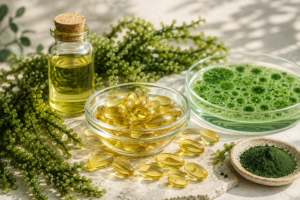 ambiance naturelle et premium, tons crème/vert doux, évocation du milieu aquatique et des microalgues, avec éventuellement une huile végétale en capsules, sans poisson et sans texte incrusté.