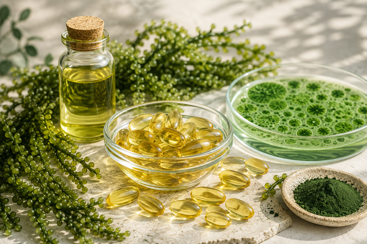 ambiance naturelle et premium, tons crème/vert doux, évocation du milieu aquatique et des microalgues, avec éventuellement une huile végétale en capsules, sans poisson et sans texte incrusté.