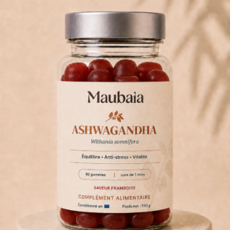 Gummies Ashwagandha MAUBAIA saveur framboise en pilulier transparent