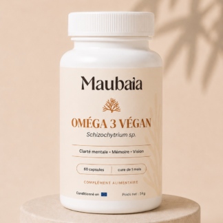 Pilulier Oméga 3 Vegan MAUBAIA avec capsules DHA et EPA issus de microalgue Schizochytrium sp. pour la mémoire, la vision et la clarté mentale
