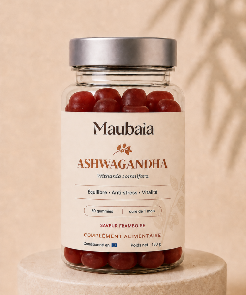 Gummies Ashwagandha MAUBAIA saveur framboise en pilulier transparent