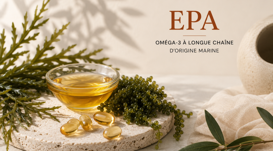 EPA oméga-3 d’origine marine avec algues, huile et capsules sur fond naturel beige