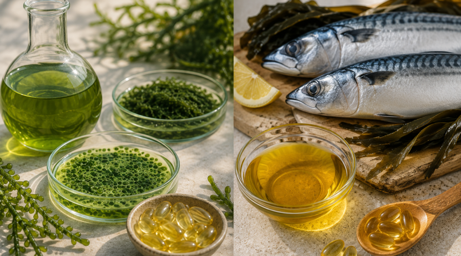 Microalgues et poisson, deux origines possibles des oméga-3 EPA et DHA