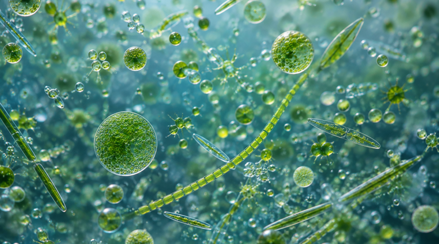 Microalgues microscopiques présentes naturellement dans les milieux aquatiques
