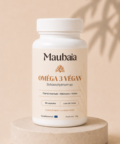 Pilulier Oméga 3 Vegan MAUBAIA avec capsules DHA et EPA issus de microalgue Schizochytrium sp. pour la mémoire, la vision et la clarté mentale